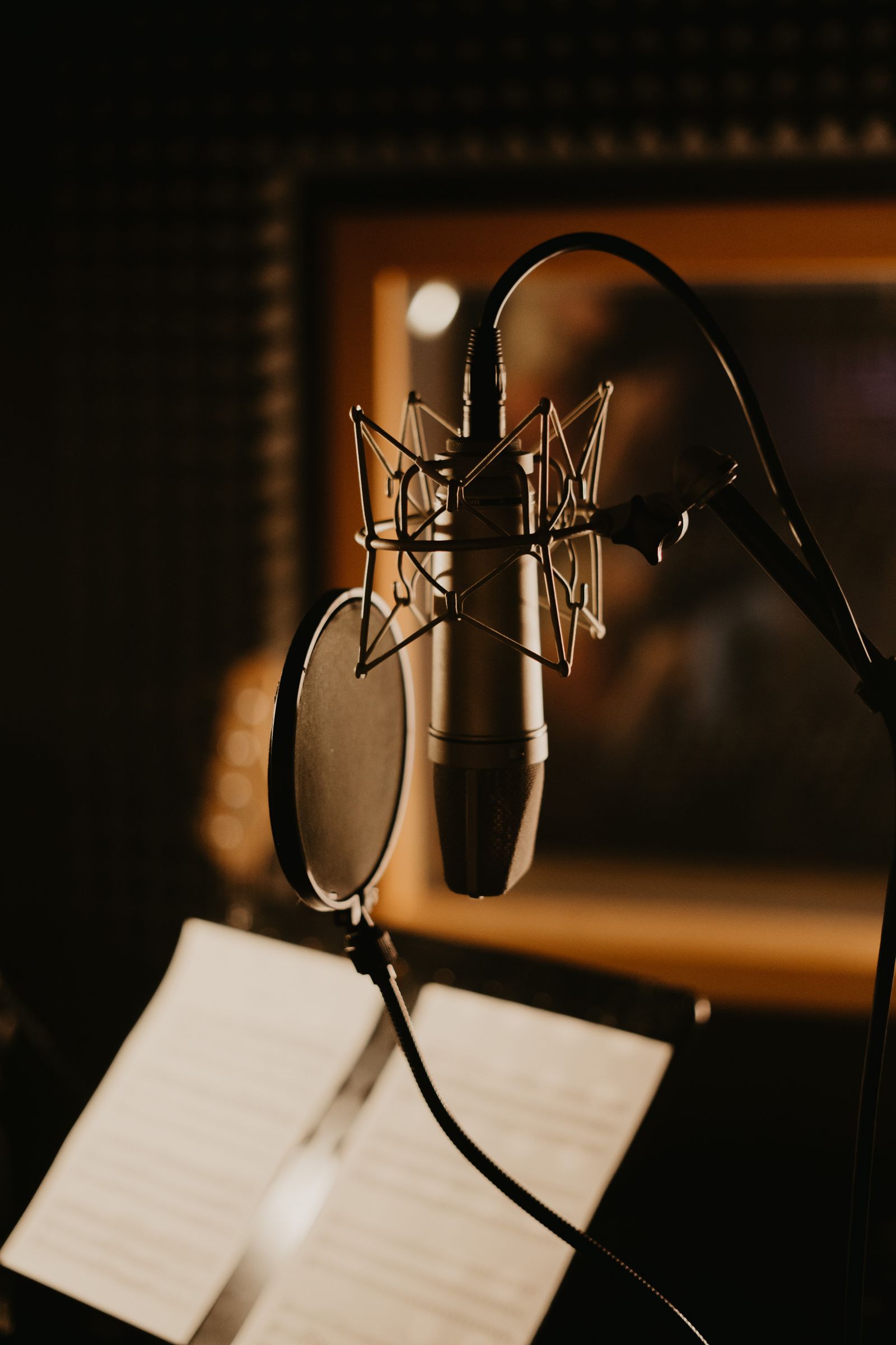 A studio condenser microphone in a shock mount, lit warmly against a dark background