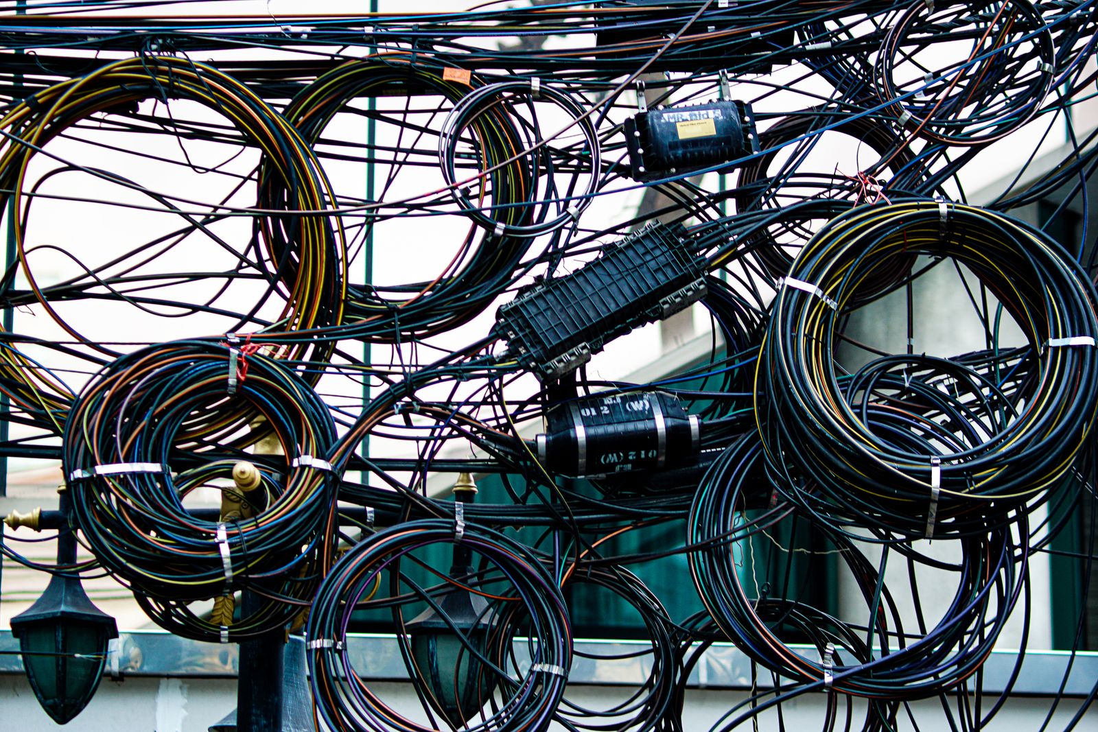 A dense bundle of tangled electrical wires