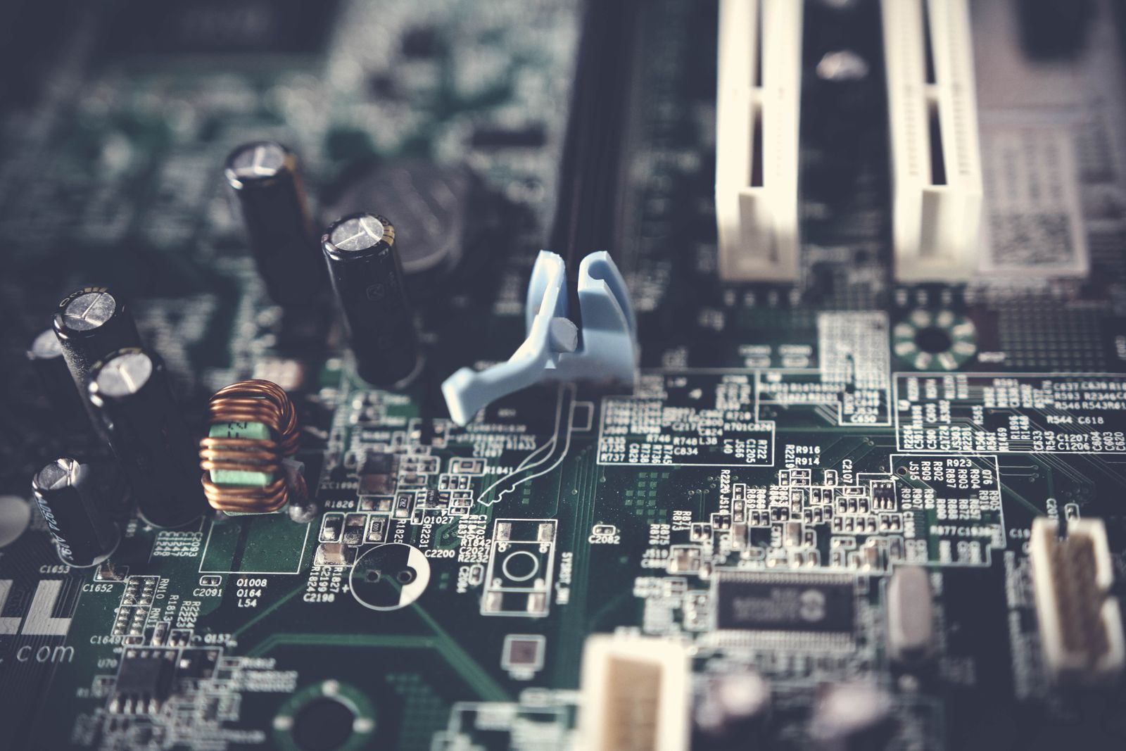 Components and connectors on a computer motherboard